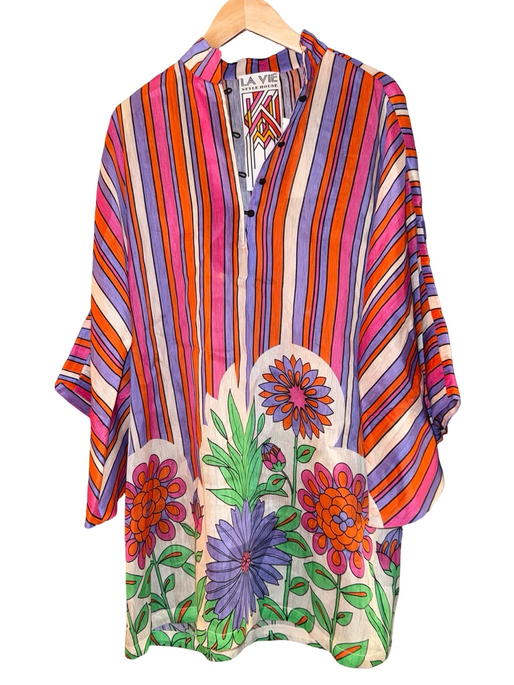 La Vie Style House Floral Hem Striped Mini Caftan NWT